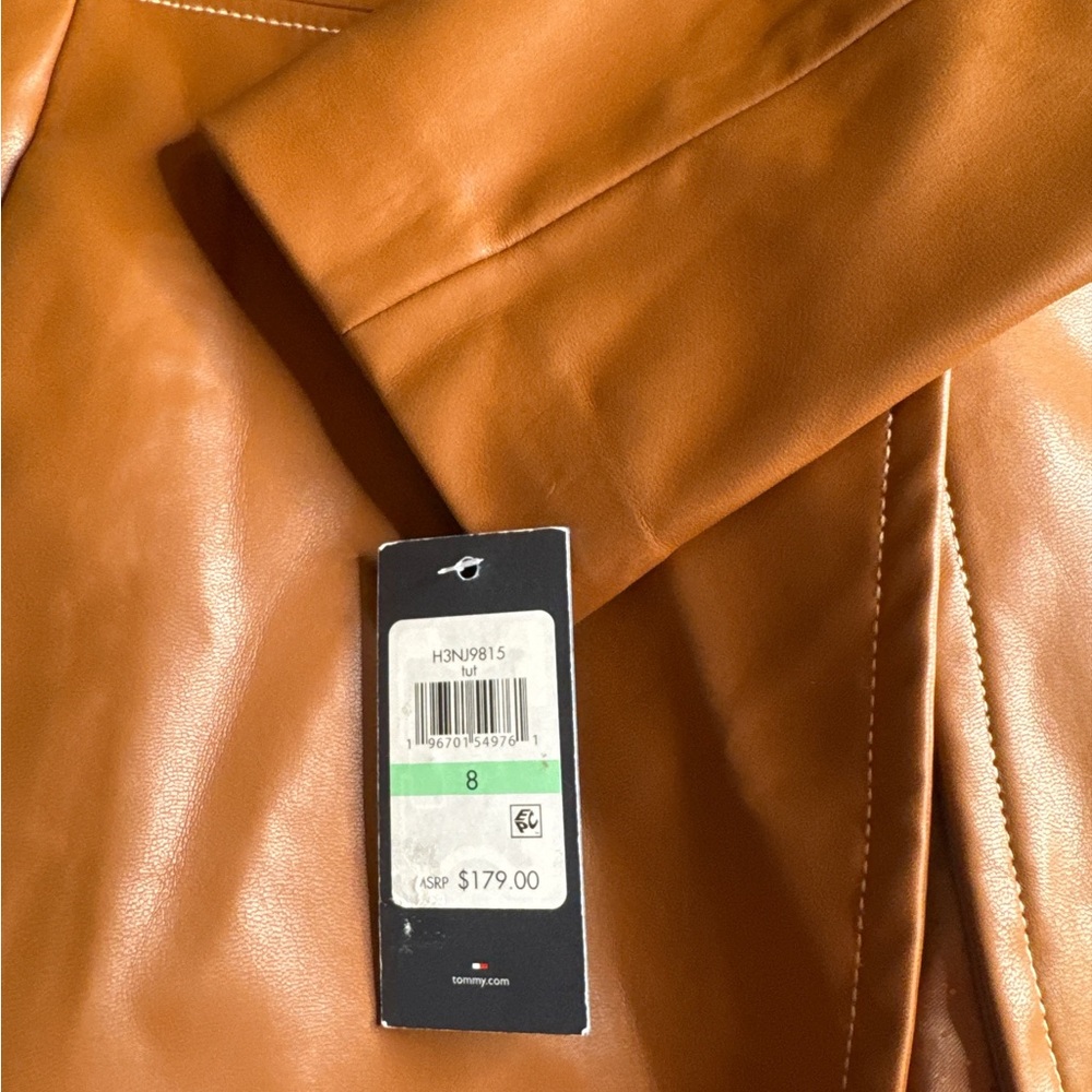 TOMMY HILFIGER Tan One-Button Vegan Leather Blazer, Size 8. - Picture 9 of 13